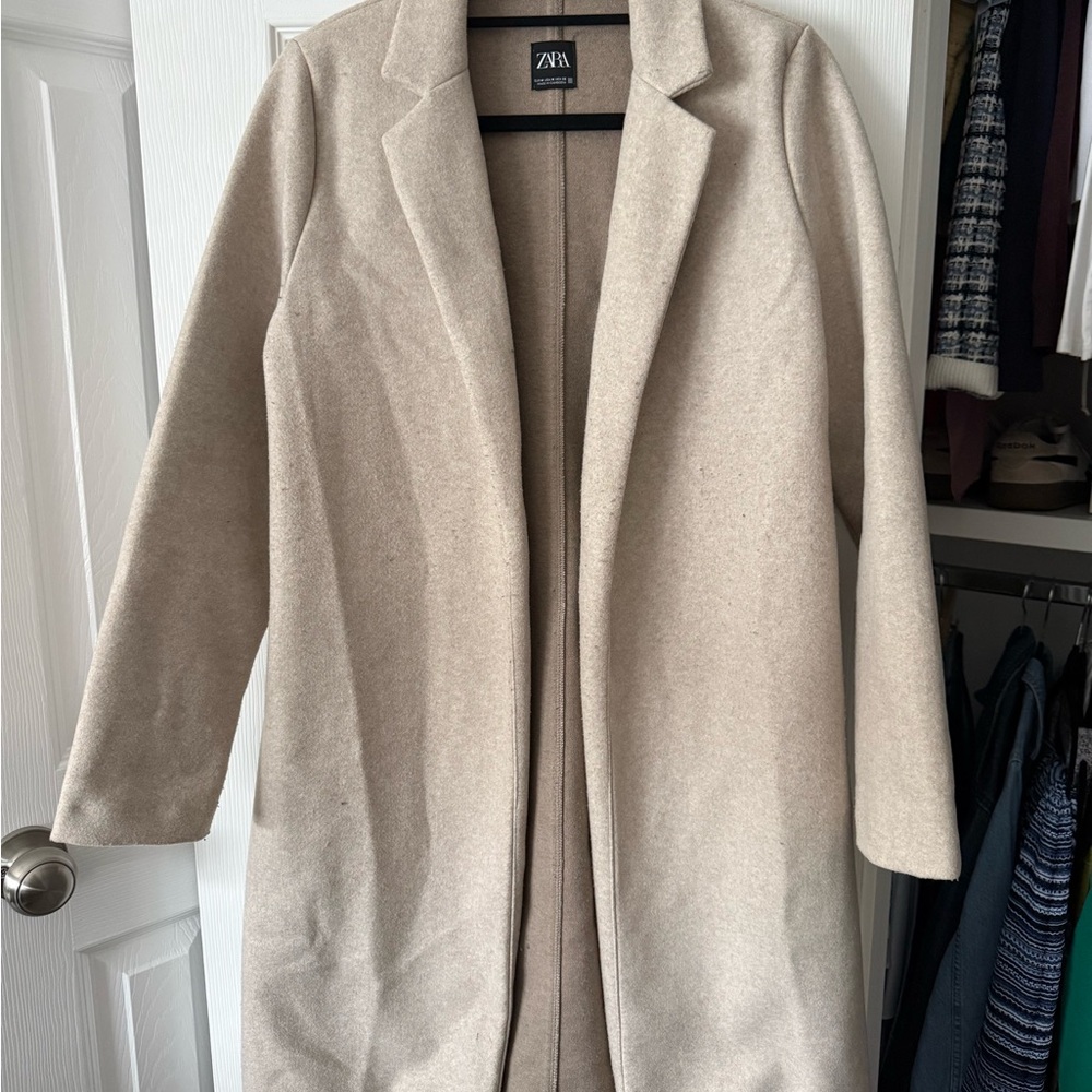 Zara Beige Long Wool-Blend Trench Coat